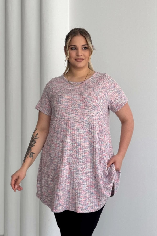 Büyük Beden Bisiklet Yaka Kısa Kollu Fitilli Kırçıllı Bluz 101-29 Vervegrand