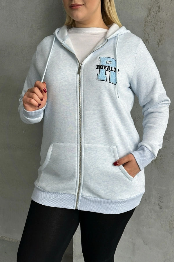 Büyük Beden Uzun Kollu Kapüşonlu Fermuarlı Cepli Yumuşak Hırka 302571 Vervegrand