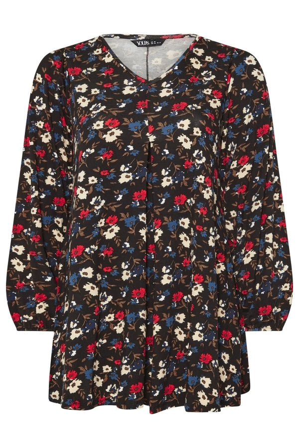 Büyük Beden Uzun Kollu V Yaka Önü Pileli Çiçek Desenli Bluz 303720 Vervegrand