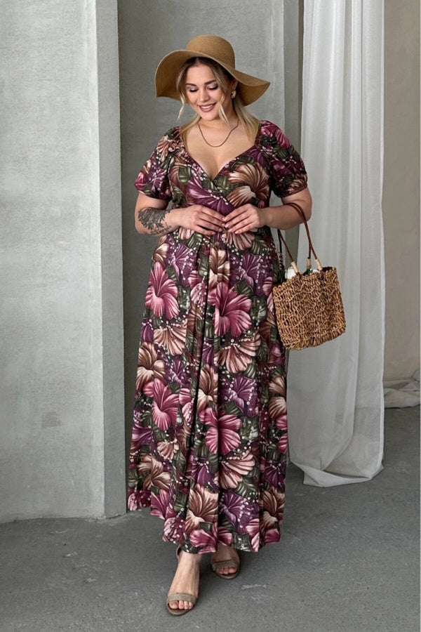 Büyük Beden Kısa Kollu Prenses Yaka Çiçek Desenli Maxi Elbise 74-80 Vervegrand