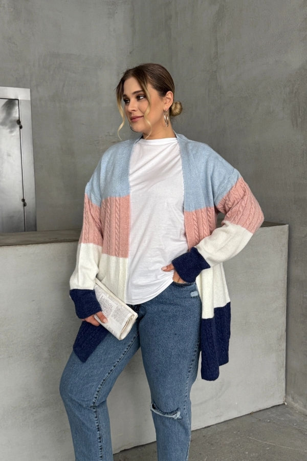 Büyük Beden Uzun Kollu Önü Kapamasız Renk Bloklu Triko Hırka 302147 Vervegrand