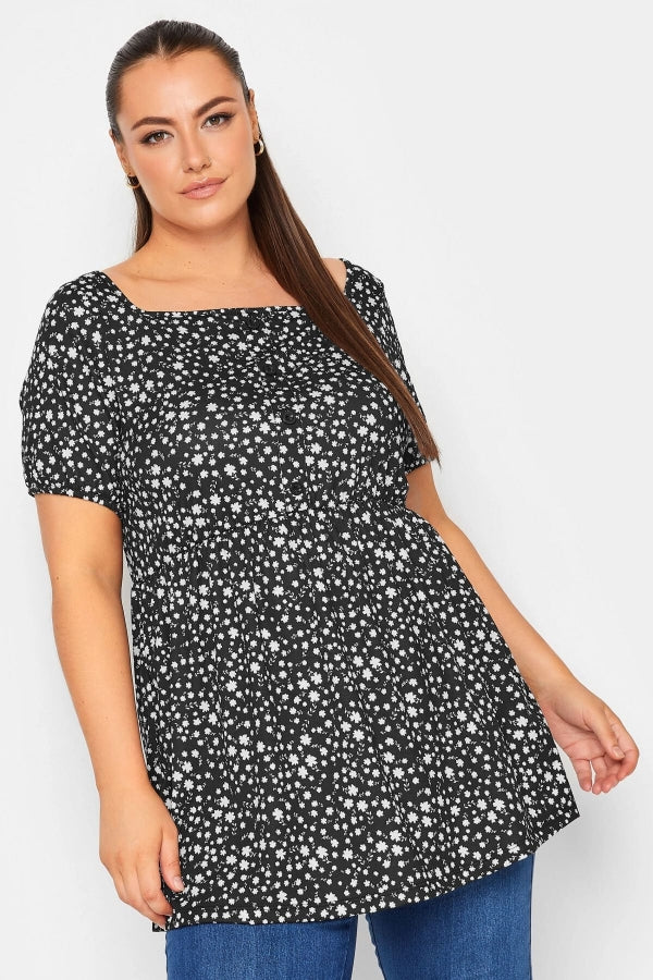 Büyük Beden Düğme Detaylı Kare Yaka Desenli Esnek Bluz 215849 Vervegrand