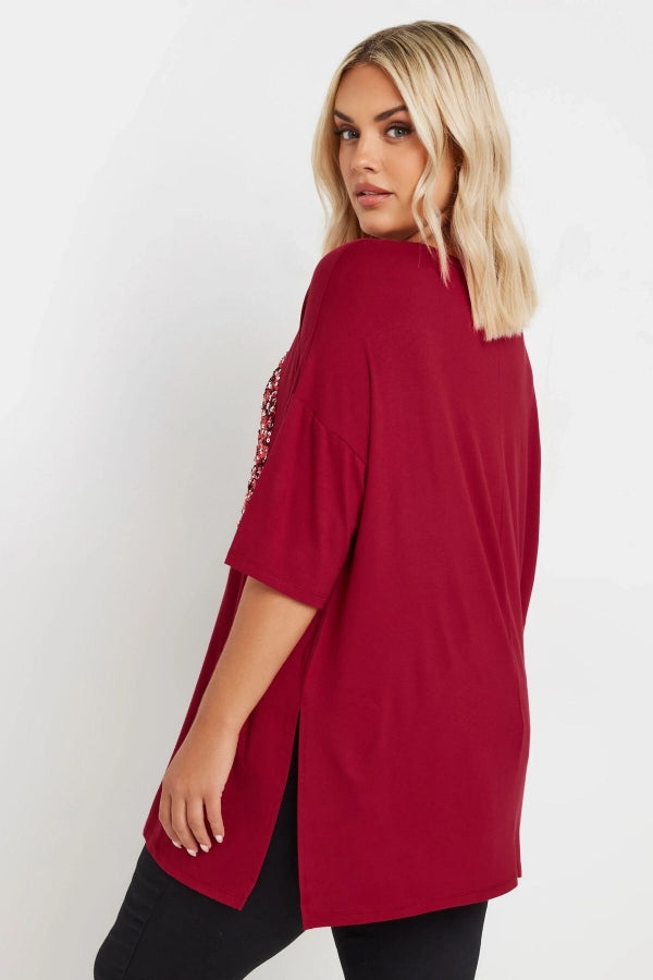 Büyük Beden Bisiklet Yaka Yarım Kollu Payet Süslemeli Yırtmaçlı Bluz 303544 Vervegrand