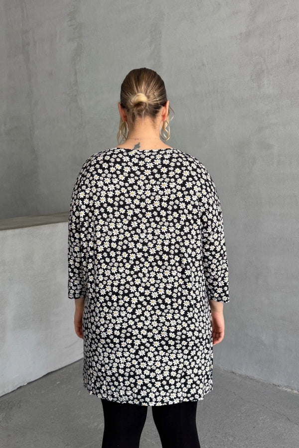 Büyük Beden Bisiklet Yaka Fakir Kol Yırtmaç Detaylı Çiçek Desenli Bluz 173292 Vervegrand