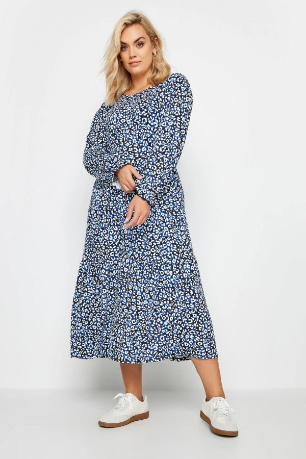 Büyük Beden Bisiklet Yaka Kolları Fırfırlı Leopar Desenli Elbise 137782 Vervegrand