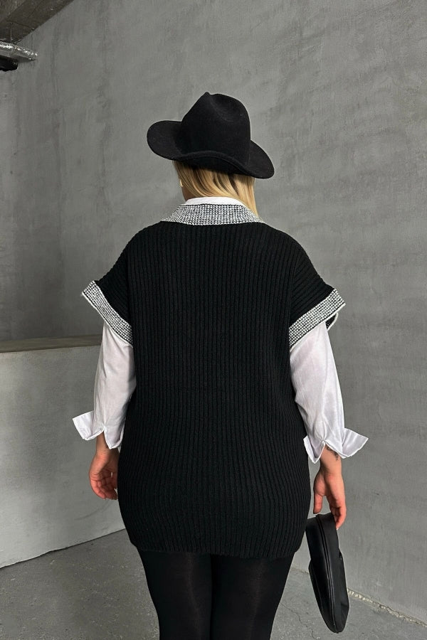 Büyük Beden V Yaka Kısa Kollu Triko Süveter 302139 Vervegrand