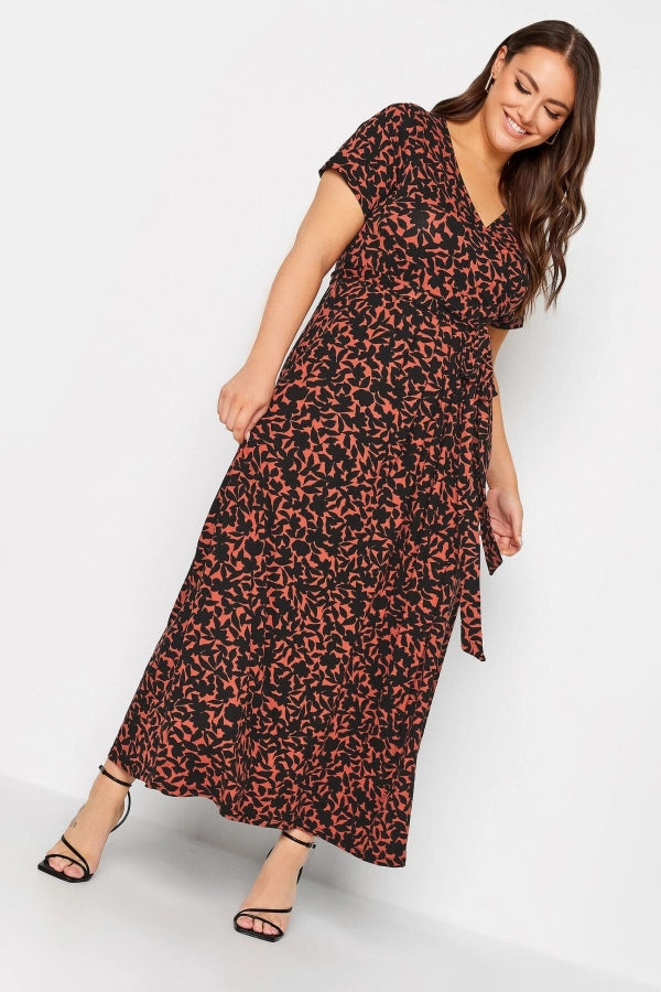 Büyük Beden V Yaka Desenli Kuşaklı Likralı Yarım Kol Anvelop Elbise 137588 Vervegrand