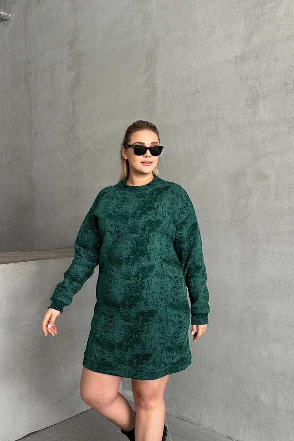 Büyük Beden Uzun Kollu Bisiklet Yaka Cepli Desenli Elbise 106-77 Vervegrand