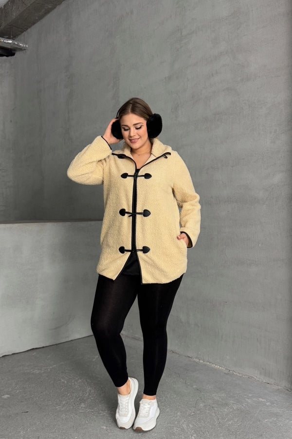 Büyük Beden Önü Kapamalı Cepli Uzun Kollu Peluş Mont 301815 Vervegrand