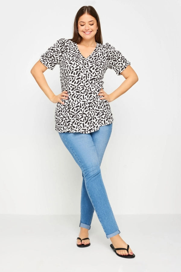 Büyük Beden V Yaka Kolları Drapeli Kısa Kollu Desenli Bluz 321725 Vervegrand