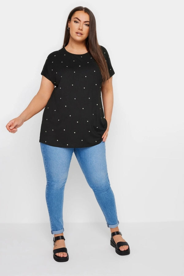 Büyük Beden Bisiklet Yaka Kısa Kollu Yıldız Zımbalı T-shirt 303260 Vervegrand