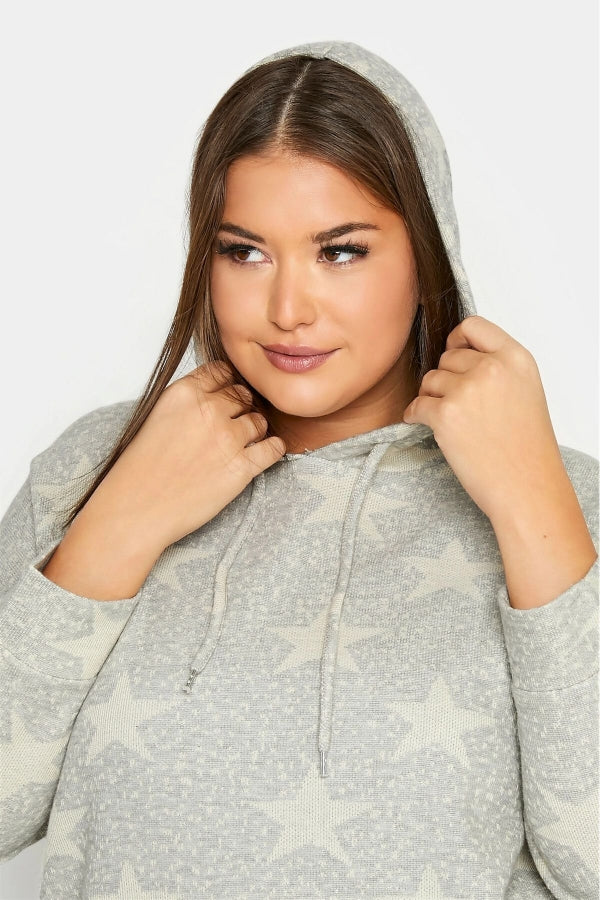 Büyük Beden Yıldız Baskılı Cepli Kapüşonlu Uzun Kollu Sweatshirt 300185 Vervegrand
