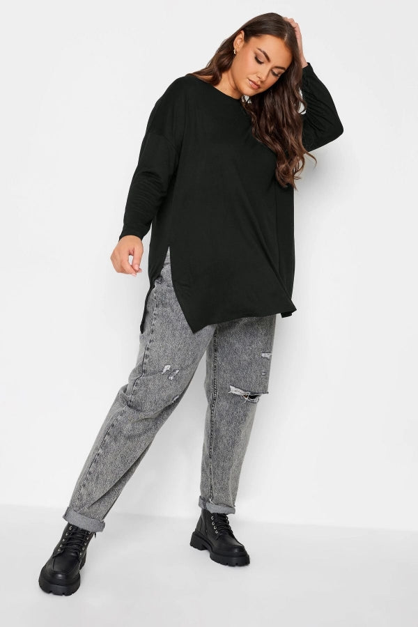 Büyük Beden Bisiklet Yaka Yırtmaç Detaylı Uzun Kollu Oversize Bluz 321292 Vervegrand