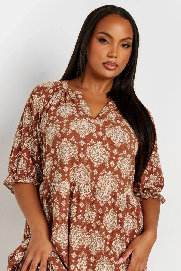 Büyük Beden V Yaka Kolları Lastikli Midi Boy Elbise 137989 Vervegrand