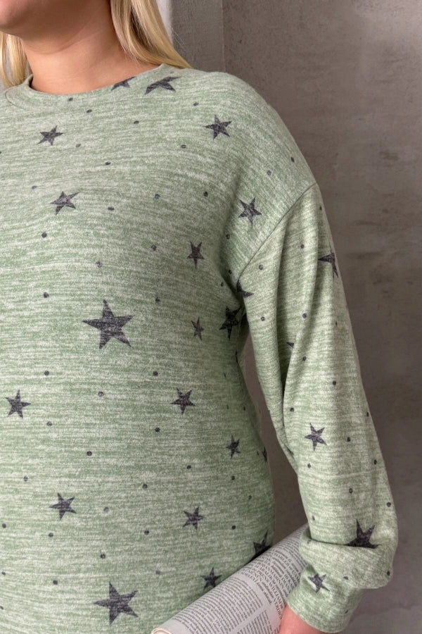 Büyük Beden Uzun Kollu Bisiklet Yaka Yıldız Desenli Esnek Elbise 84-158 Vervegrand