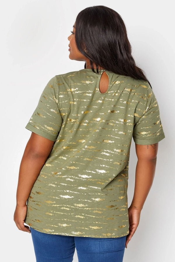 Büyük Beden V Yaka Kısa Kollu Metalik Desenli T-shirt 303090 Vervegrand