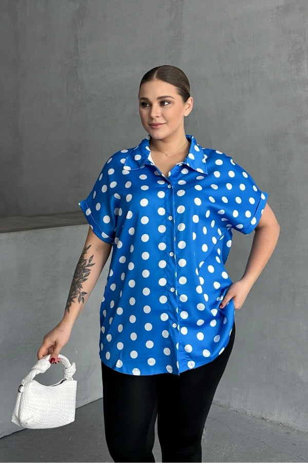 Büyük Beden Önü Düğmeli Kısa Kollu Puantiye Desenli Gömlek 303462 Vervegrand