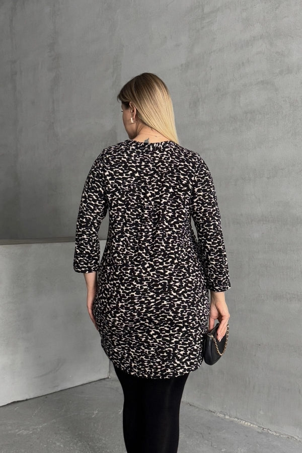 Büyük Beden Gömlek Yaka Yarım Kollu Desenli Esnek Bluz 322268 Vervegrand