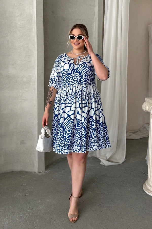 Büyük Beden Önü Bağlamalı Yarım Kollu Desenli Mini Elbise 101-9 Vervegrand