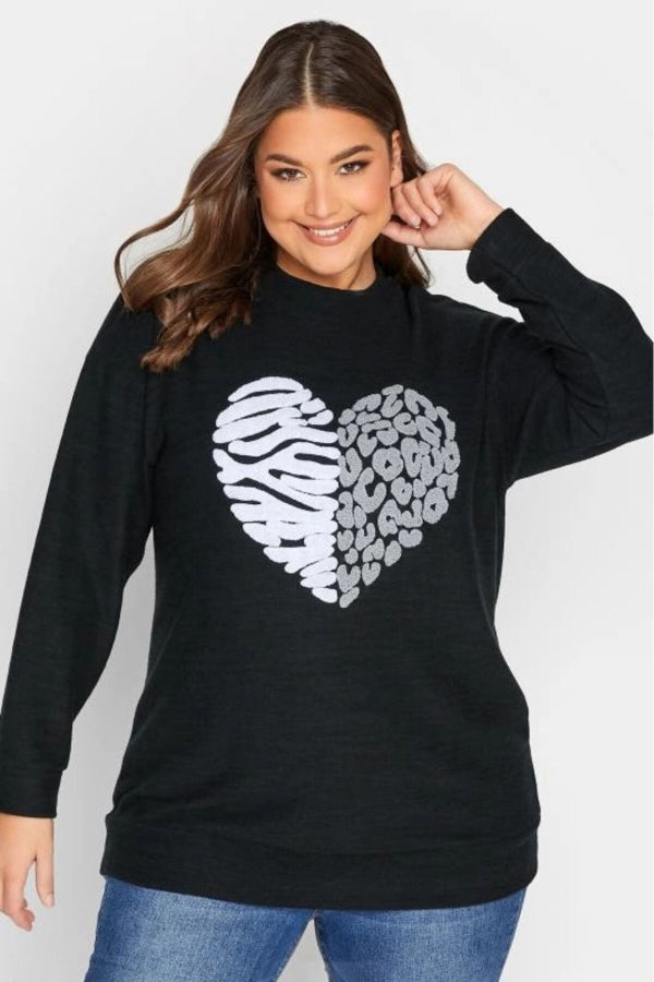 Büyük Beden Kalp Desenli Uzun Kollu Yuvarlak Yaka Polar Kazak 301787 Vervegrand