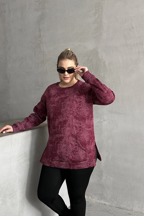 Büyük Beden Uzun Kollu Bisiklet Yaka Önü Cepli Desenli Sweatshirt 106-78 Vervegrand