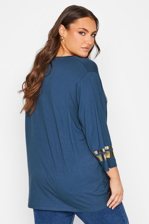 Büyük Beden Fakir Kol Metalik Yazı Baskılı Bisiklet Yaka Bluz 301399 Vervegrand