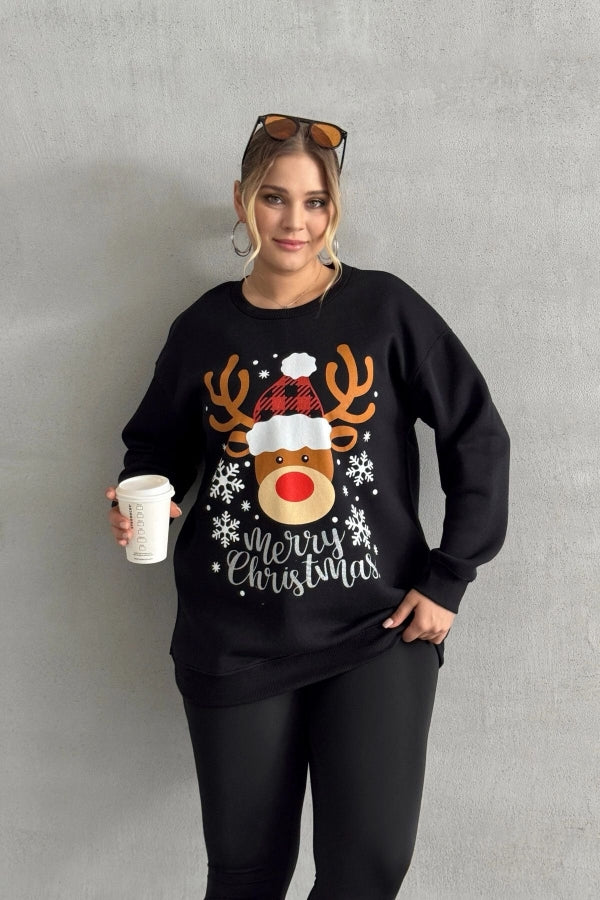 Büyük Beden Yılbaşı Temalı Bisiklet Yaka Uzun Kollu Sweatshirt 303817 Vervegrand