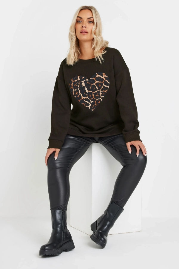 Büyük Beden Uzun Kollu Bisiklet Yaka Leopar Kalp Baskılı Sweatshirt 303752 Vervegrand