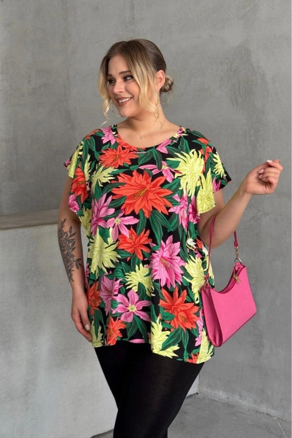 Büyük Beden Bisiklet Yaka Kolları Fırfır Detaylı Çiçek Desenli Bluz 1060 Vervegrand