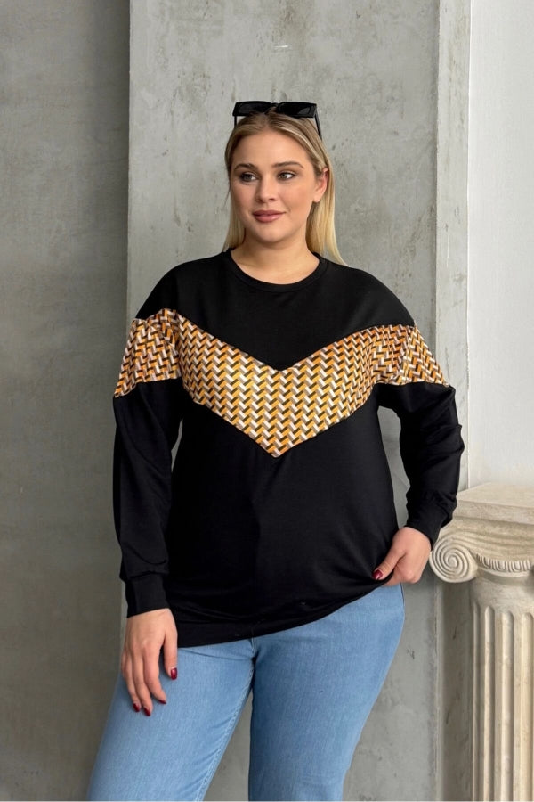 Büyük Beden Bisiklet Yaka Uzun Kollu Desenli Sweatshirt 300334 Vervegrand