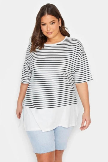 Büyük Beden Bisiklet Yaka Kısa Kollu Yırtmaç Detaylı Çizgili T-shirt 301617 Vervegrand
