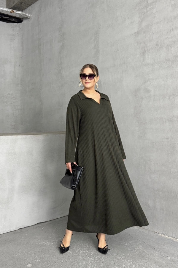 Büyük Beden V Yaka Uzun Kollu Fitilli Eteği Bollaşan Uzun Elbise 322182 Vervegrand