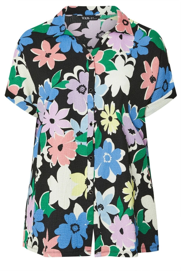 Büyük Beden Önü Düğmeli Kısa Kollu Çiçek Desenli Gömlek 303964 Vervegrand