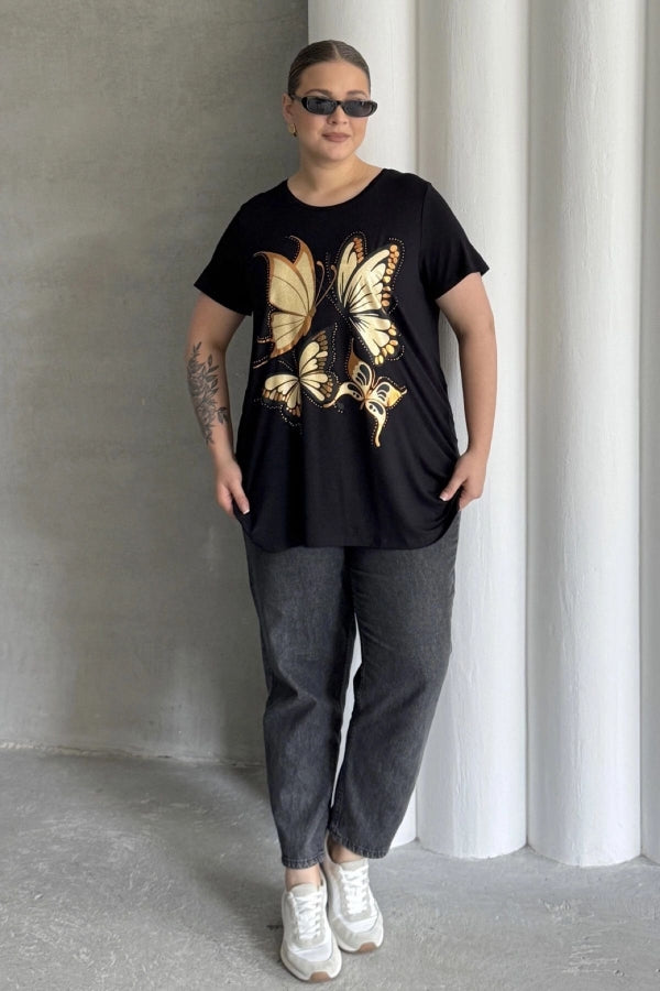 Büyük Beden Kelebek Baskılı Parlak Simli T-shirt 302275 Vervegrand