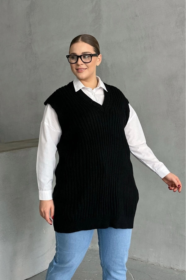 Büyük Beden V Yaka Kısa Kollu Triko Süveter 302134 Vervegrand