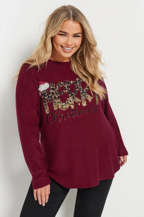 Vervegrand büyük beden bordo yılbaşı temalı sweatshirt ön görünüm