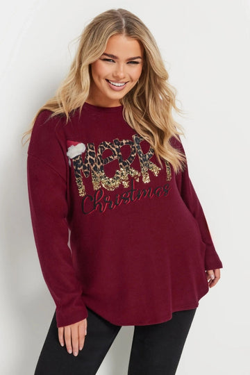 Vervegrand büyük beden bordo yılbaşı temalı sweatshirt ön görünüm