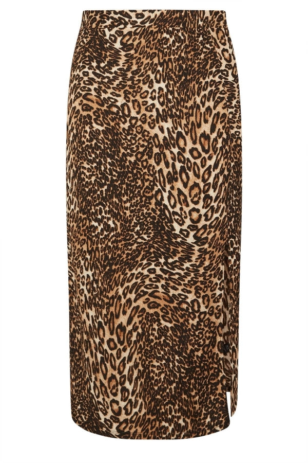 Büyük Beden Beli Lastikli Yırtmaçlı Leopar Desenli Midi Boy Etek 303706 Vervegrand