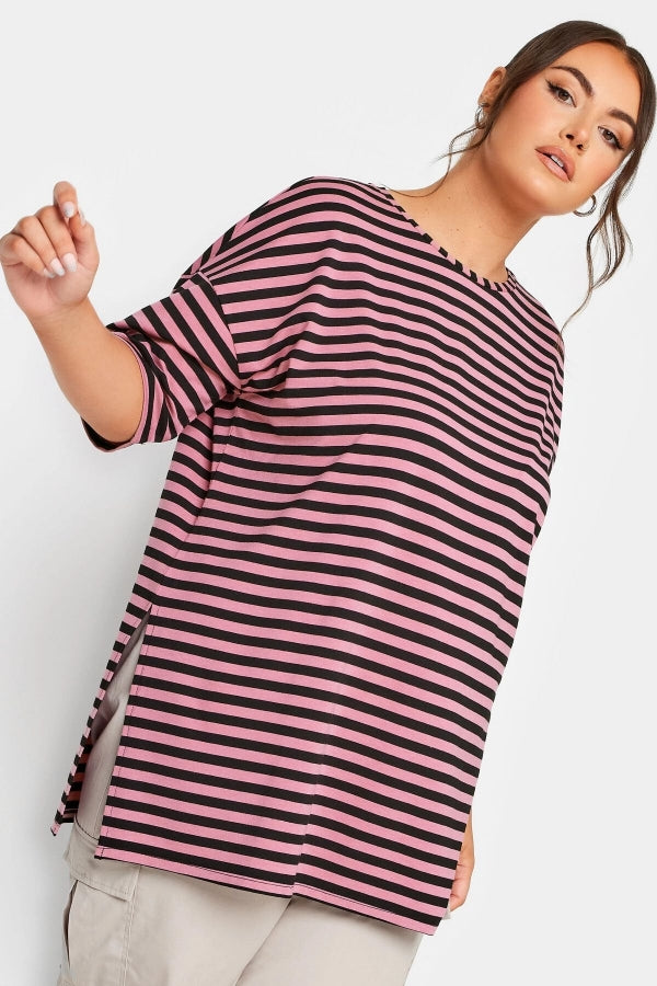 Vervegrand büyük beden yan yırtmaçlı siyah pembe çizgili bluz