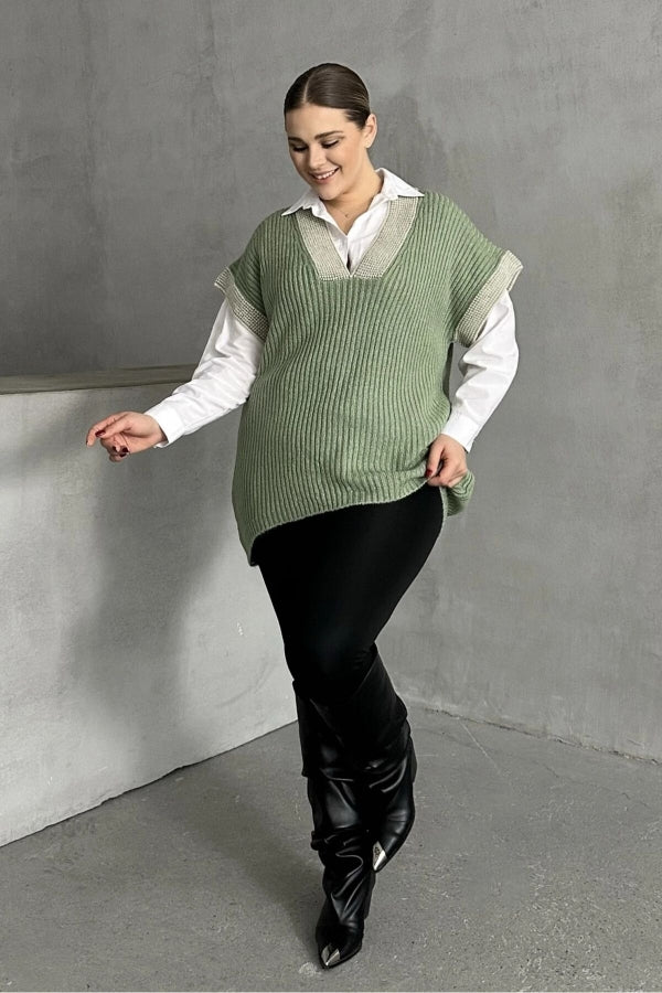 Büyük Beden V Yaka Kısa Kollu Triko Süveter 302136 Vervegrand