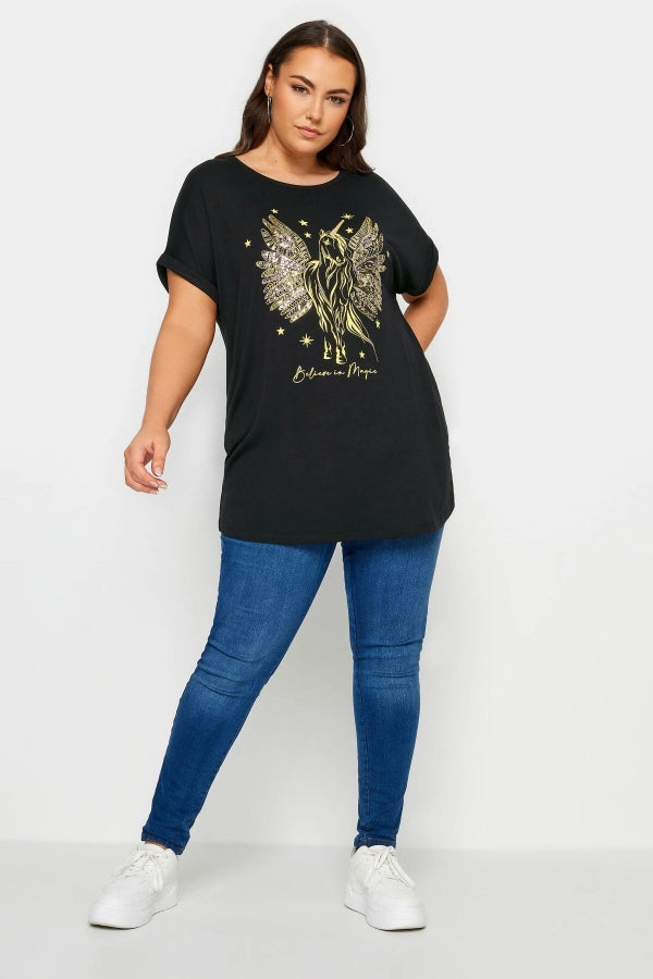 Büyük Beden Bisiklet Yaka Kısa Kollu Metalik Baskılı T-shirt 302894 Vervegrand