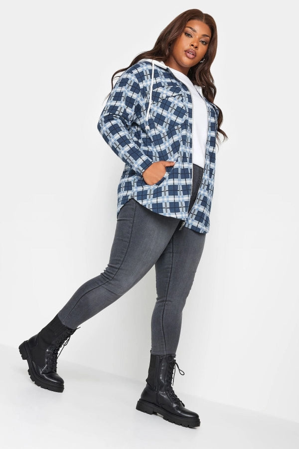 Büyük Beden Uzun Kollu Kareli Kapüşonlu Fermuarlı İnce Ceket 302664 Vervegrand