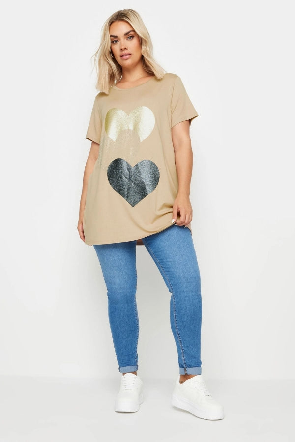 Büyük Beden Bisiklet Yaka Kısa Kollu Parıltılı Baskılı T-shirt 302277 Vervegrand