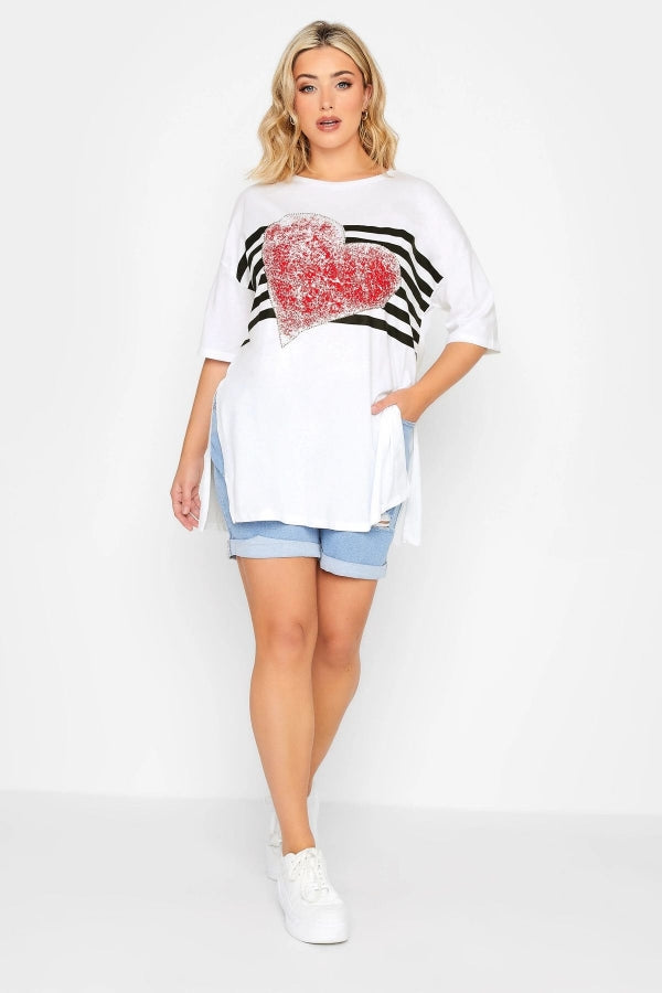Vervegrand büyük beden kalp baskılı beyaz kadın t-shirt