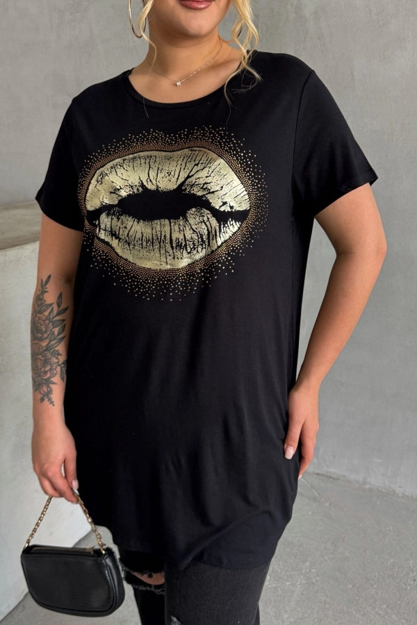 Büyük Beden Kısa Kollu Bisiklet Yaka Taş İşlemeli T-shirt 302264 Vervegrand