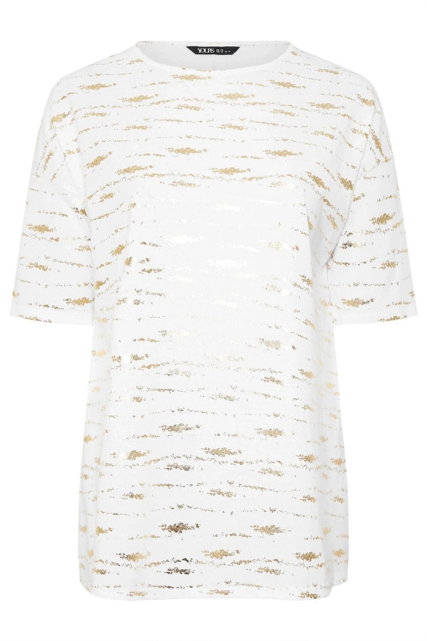 Büyük Beden Kısa Kollu Bisiklet Yaka Yanları Yırtmaçlı Metalik Baskılı T-shirt 303955 Vervegrand