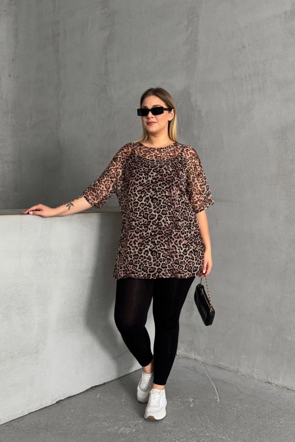 Büyük Beden Bisiklet Yaka Yarım Kollu Astarlı Transparan Bluz 303631 Vervegrand