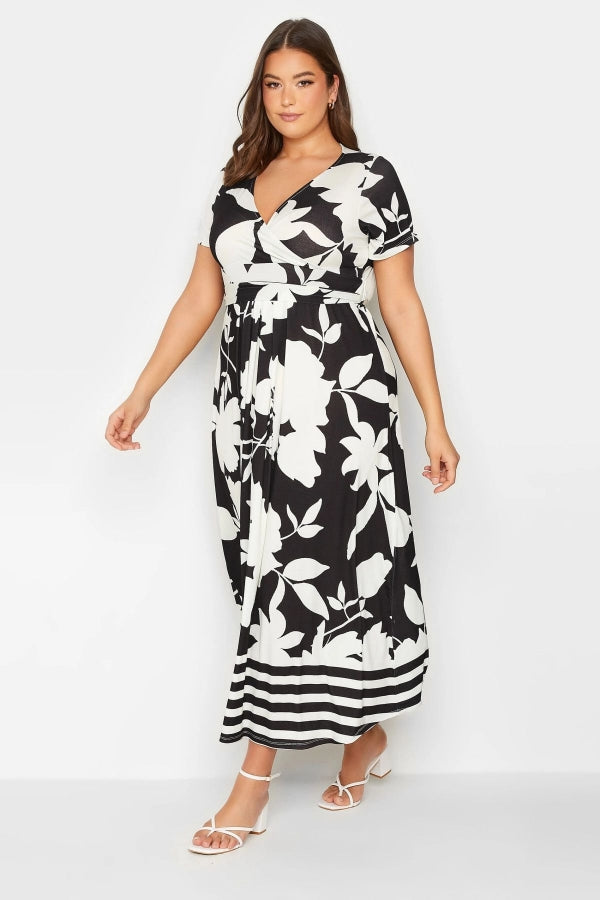 Büyük Beden V Yaka Kısa Kollu Kuşaklı Desenli Midi Boy Elbise 301985 Vervegrand