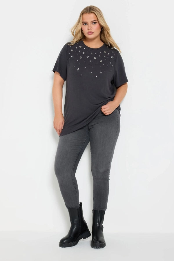 Büyük Beden Bisiklet Yakası Taş İşlemeli Kısa Kollu T-shirt 322289 Vervegrand