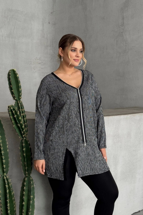 Büyük Beden V Yaka Önü Fermuarlı Yırtmaç Detaylı Bluz 173658 Vervegrand